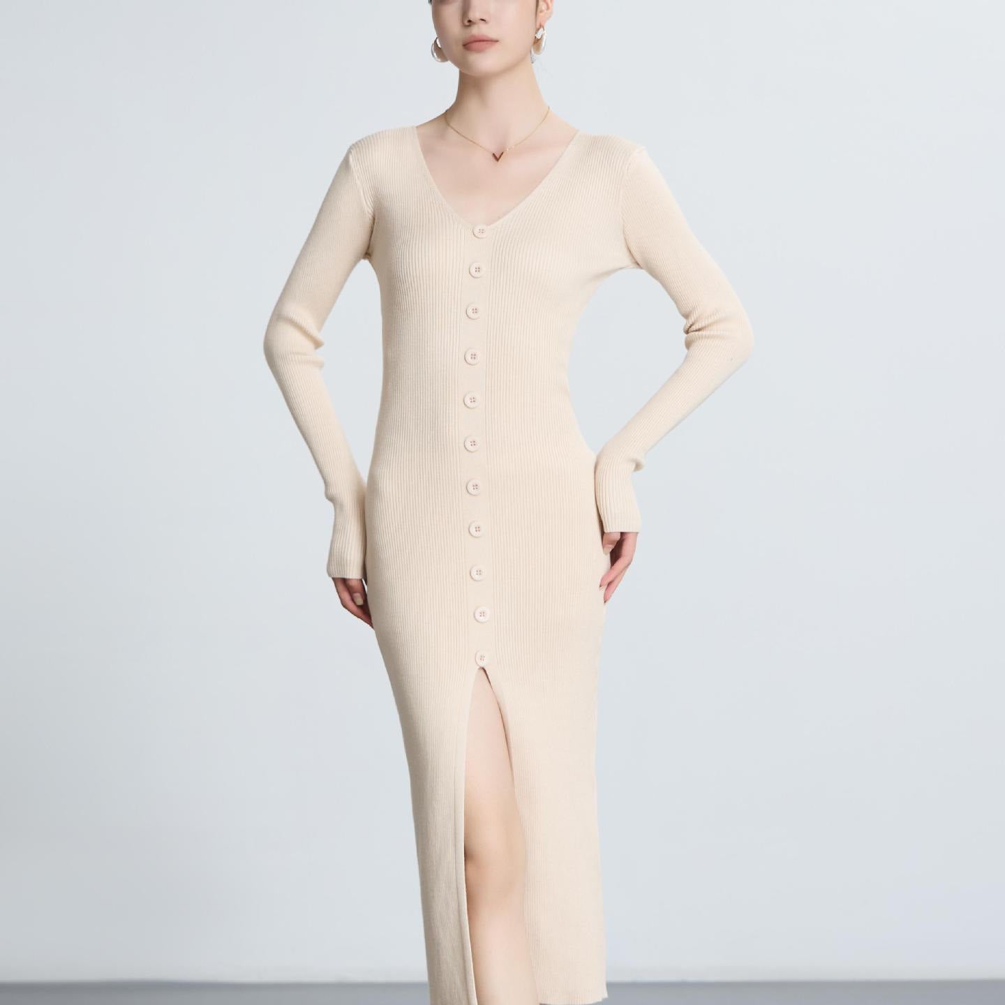 Damen Langarm Strickkleid V-Ausschnitt Knopfleiste Norvielle