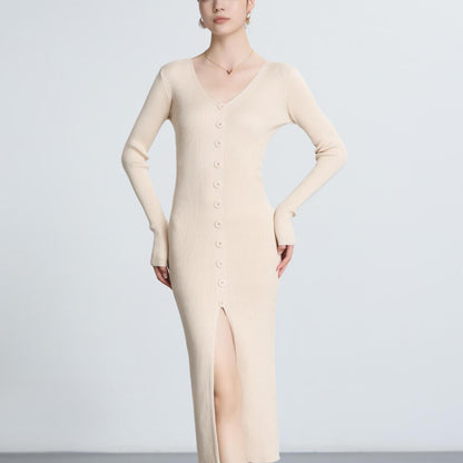 Damen Langarm Strickkleid V-Ausschnitt Knopfleiste Norvielle