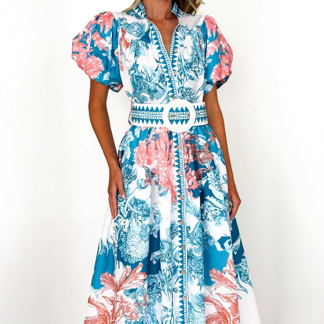 Damen Maxikleid mit Blumenmuster Voluminöse Ärmel Norvielle