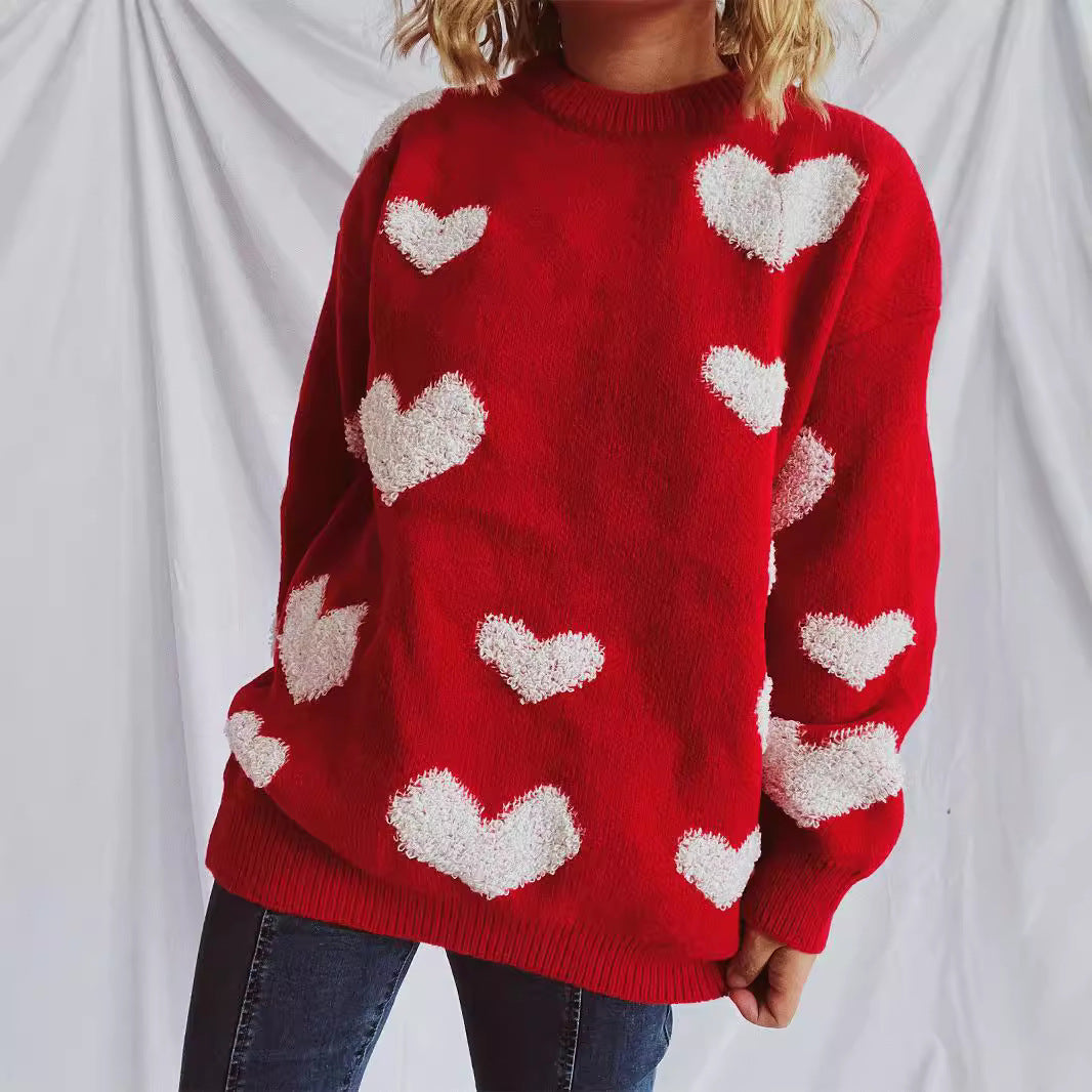 Damen Strickpullover Herzapplikationen