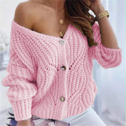 Damen Cardigan Offen Grobstrick Dekorative Knöpfe Beige