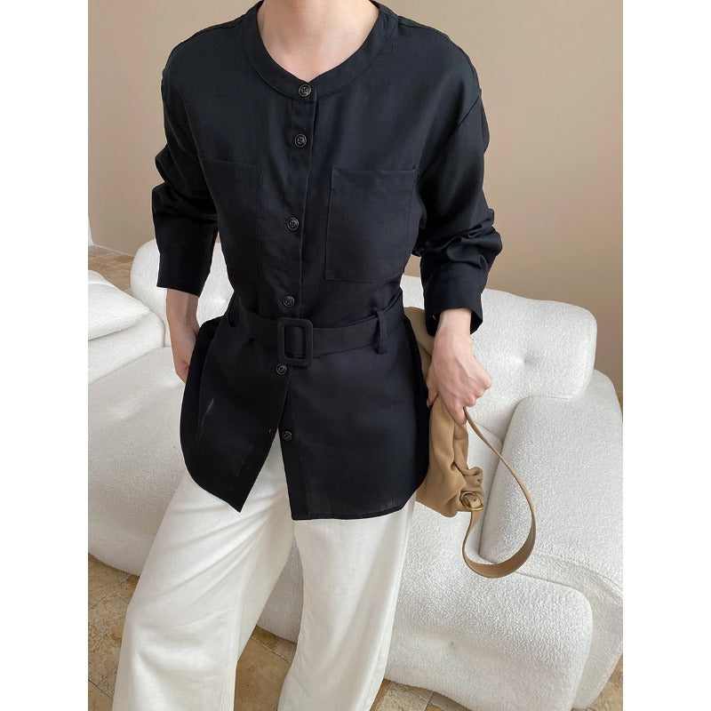 Damen Bluse mit Gürtel und Taschen Norvielle