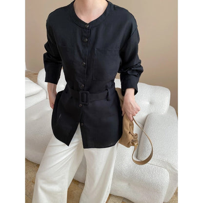 Damen Bluse mit Gürtel und Taschen Norvielle