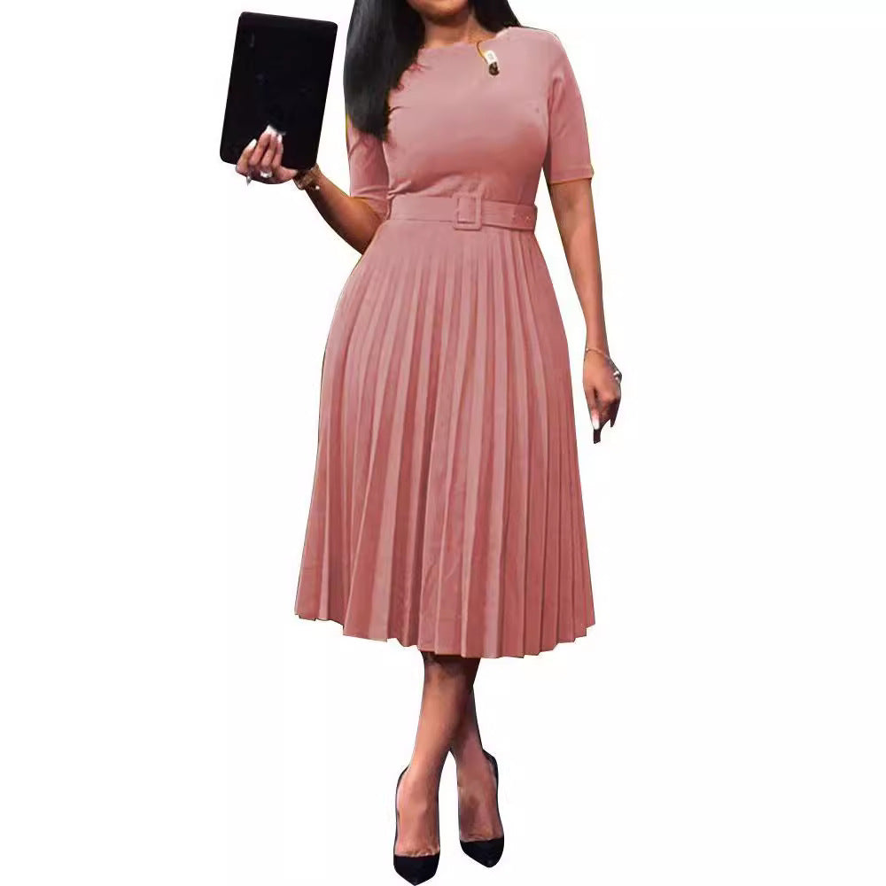 Damen Plissiertes Kleid mit Taillengürtel und kurzen Ärmeln