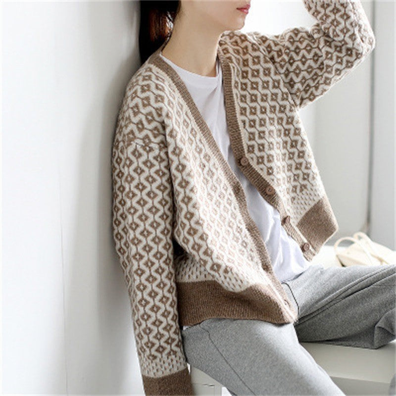 Damen Strickjacke Geometrisches Muster Knöpfe Beige