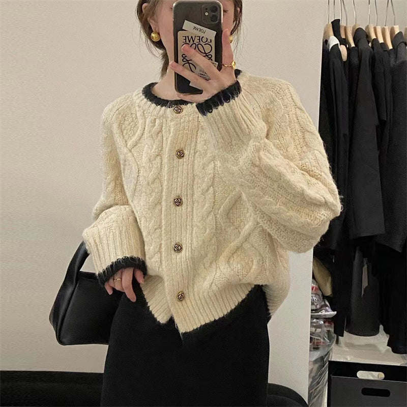 Damen Grobstrickcardigan Zopfmuster Elegante Knöpfe Beige