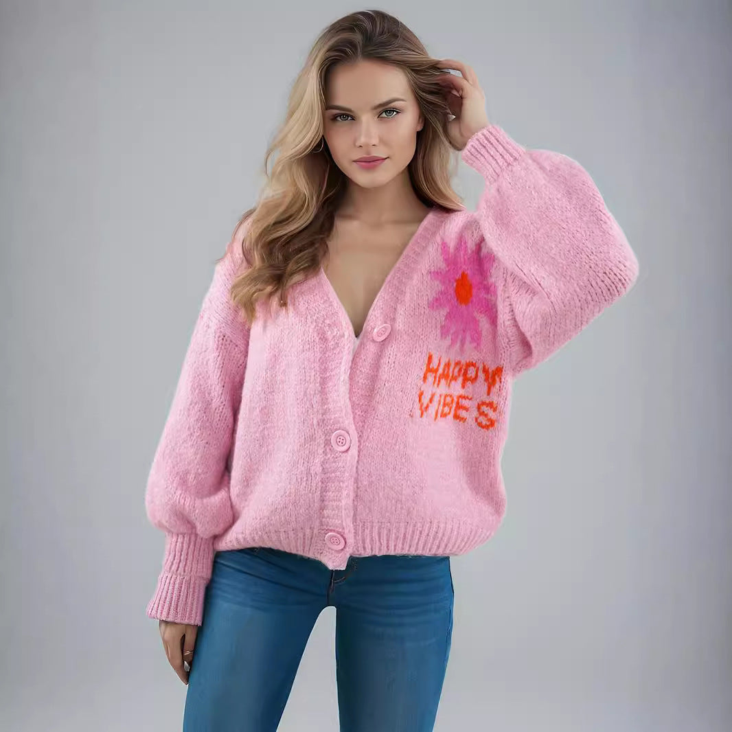 Damen Strickjacke Bunt Blumenmuster Große Knöpfe - Norvielle