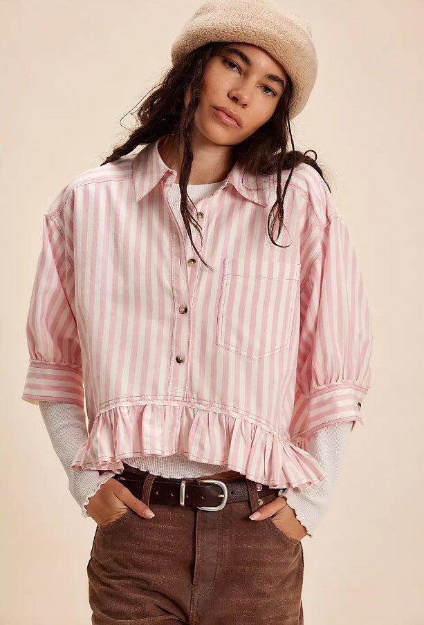Damen Bluse Gestreift Volantabschluss Lässiger Schnitt