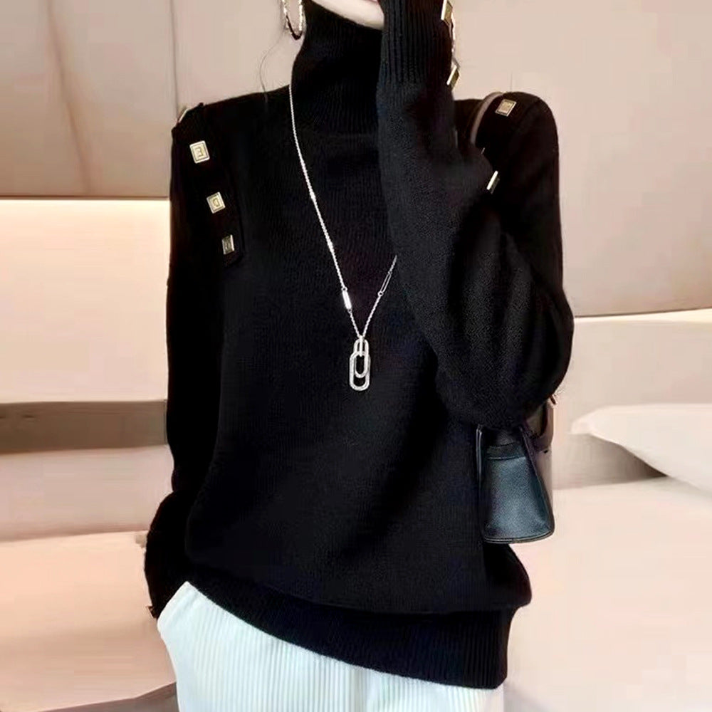 Damen Rollkragenpullover Dekorative Knöpfe Norvielle