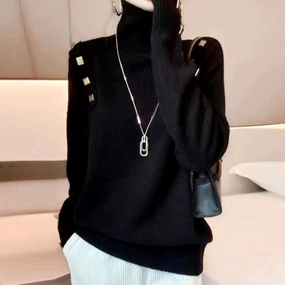 Damen Rollkragenpullover Dekorative Knöpfe Norvielle
