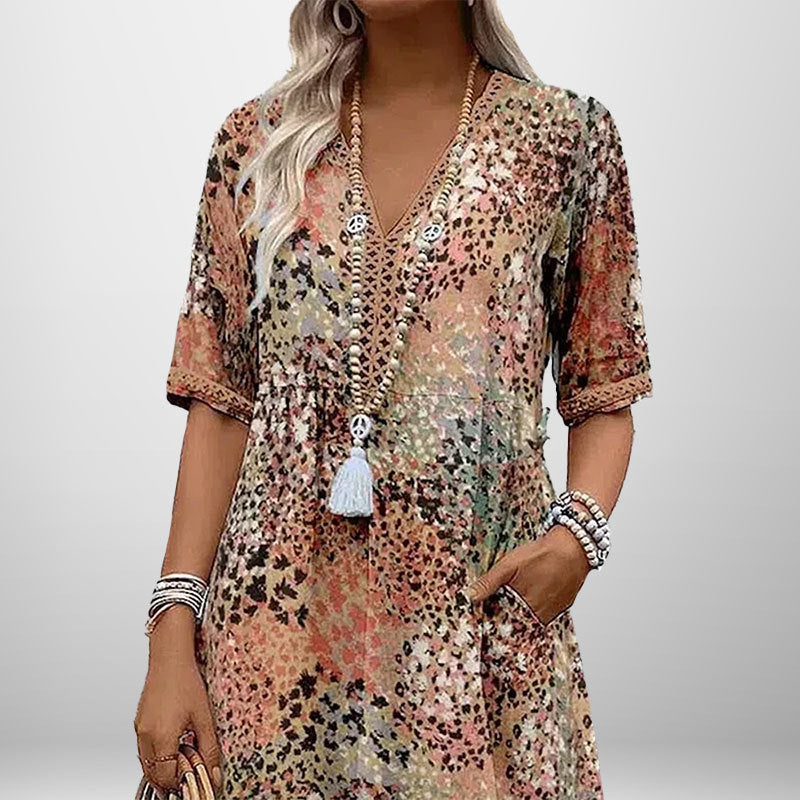 Damen Tunika-Kleid mit Muster V-Ausschnitt