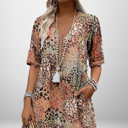 Damen Tunika-Kleid mit Muster V-Ausschnitt