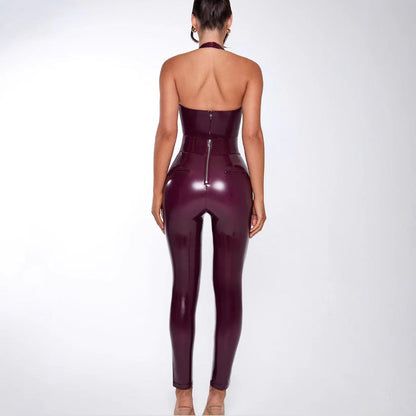 Damen Jumpsuit Glanzstoff V-Ausschnitt Schlank