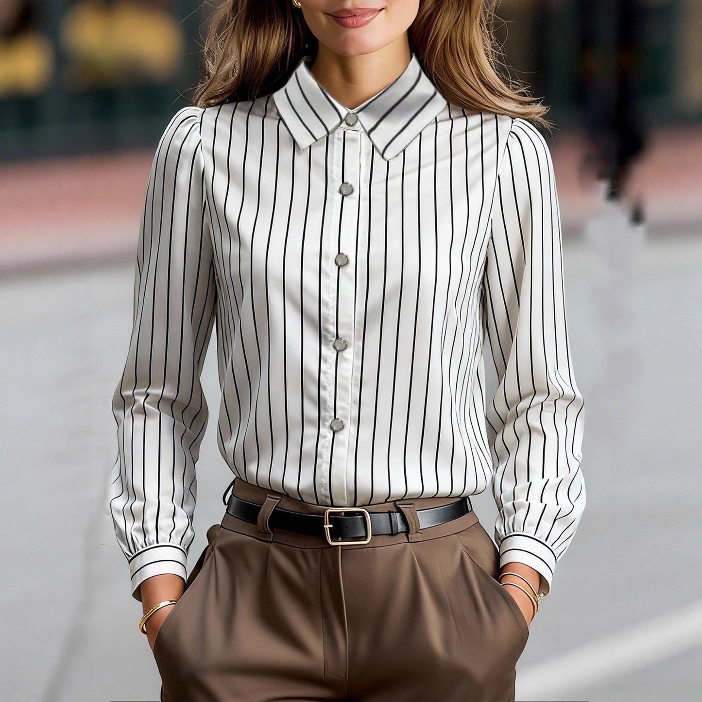 Damen Bluse Gestreift Klassischer Kragen Puffärmel Norvielle