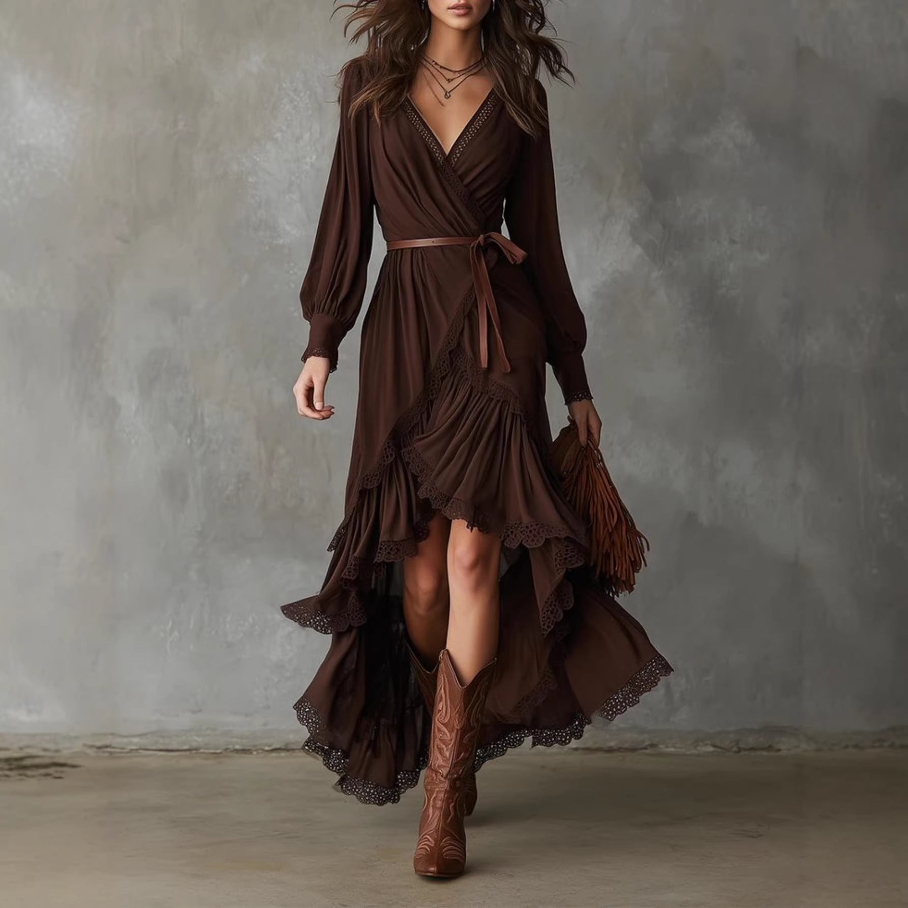 Damen Wickelkleid Spitzendetails Fließender Saum Norvielle - Norvielle
