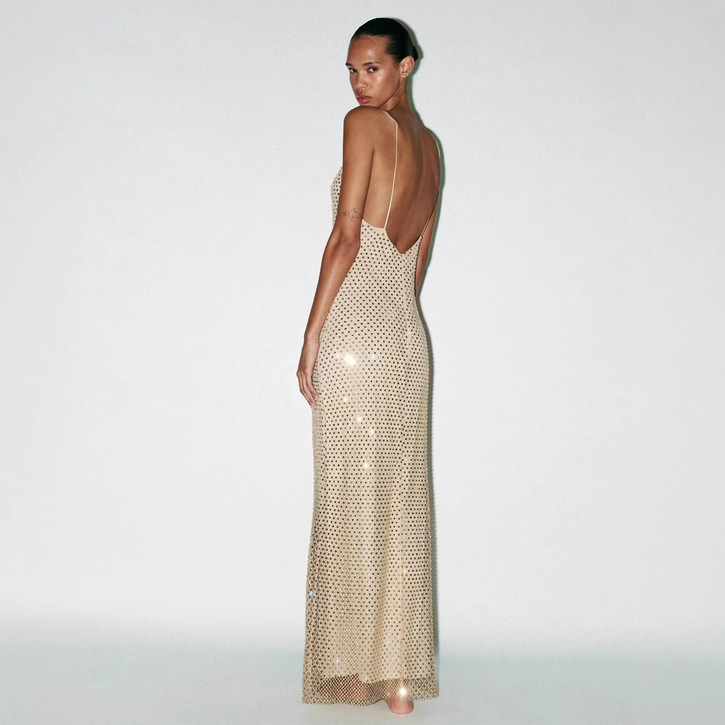 Damen Maxikleid mit Netzdetails und Spaghettiträgern