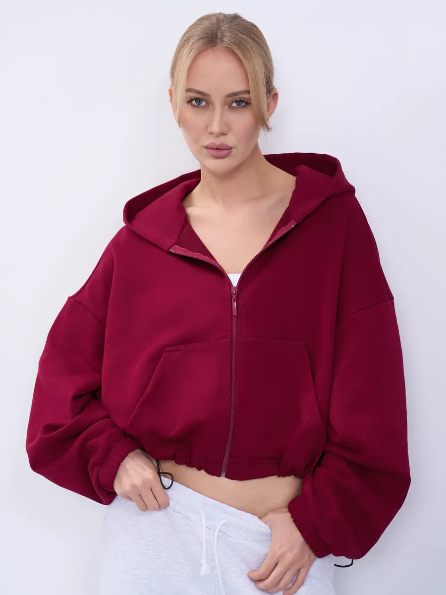 Damen Cropped Kapuzenjacke Reißverschluss Übergroße Ärmel Norvielle