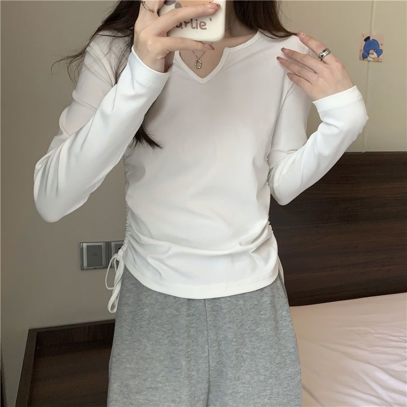 Damen Langarmshirt V-Ausschnitt Raffung Norvielle