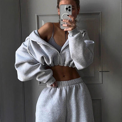 Damen Sportswear Set Cropped Sweatshirt High-Waist Jogginghose Grau - Norvielle