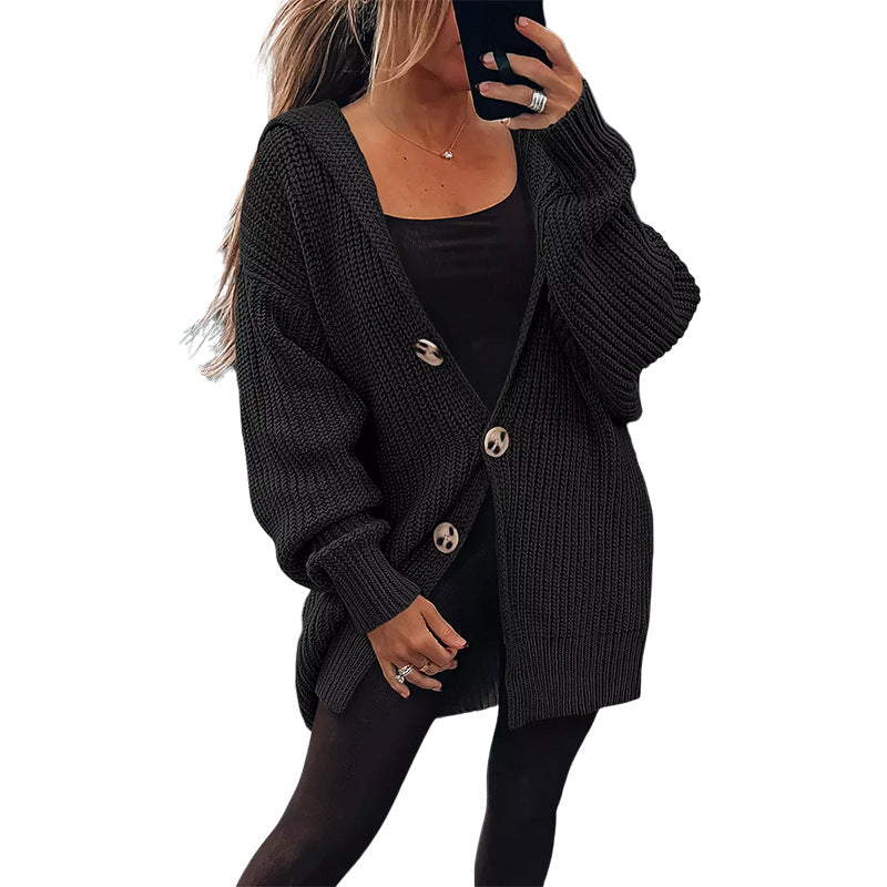 Damen Oversize Strickjacke Weiches Material Holzknöpfe Beige