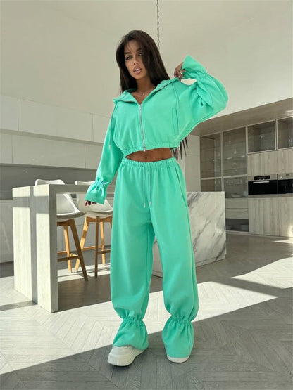 Damen Sportliches Zwei-Teiler-Set Cropped Kapuzenpullover und weite