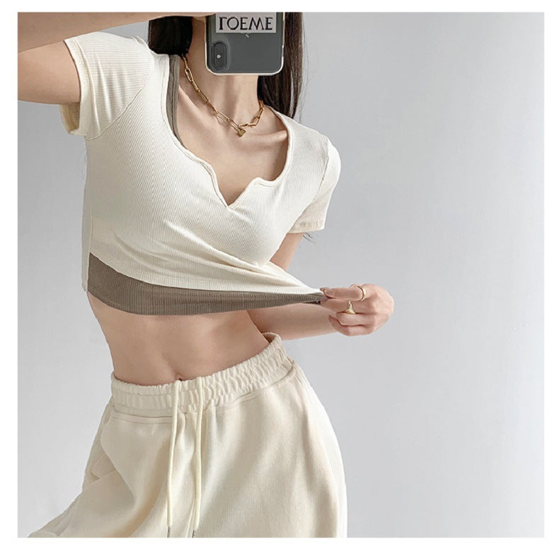 Damen Cropped Oberteil V-Ausschnitt Textur