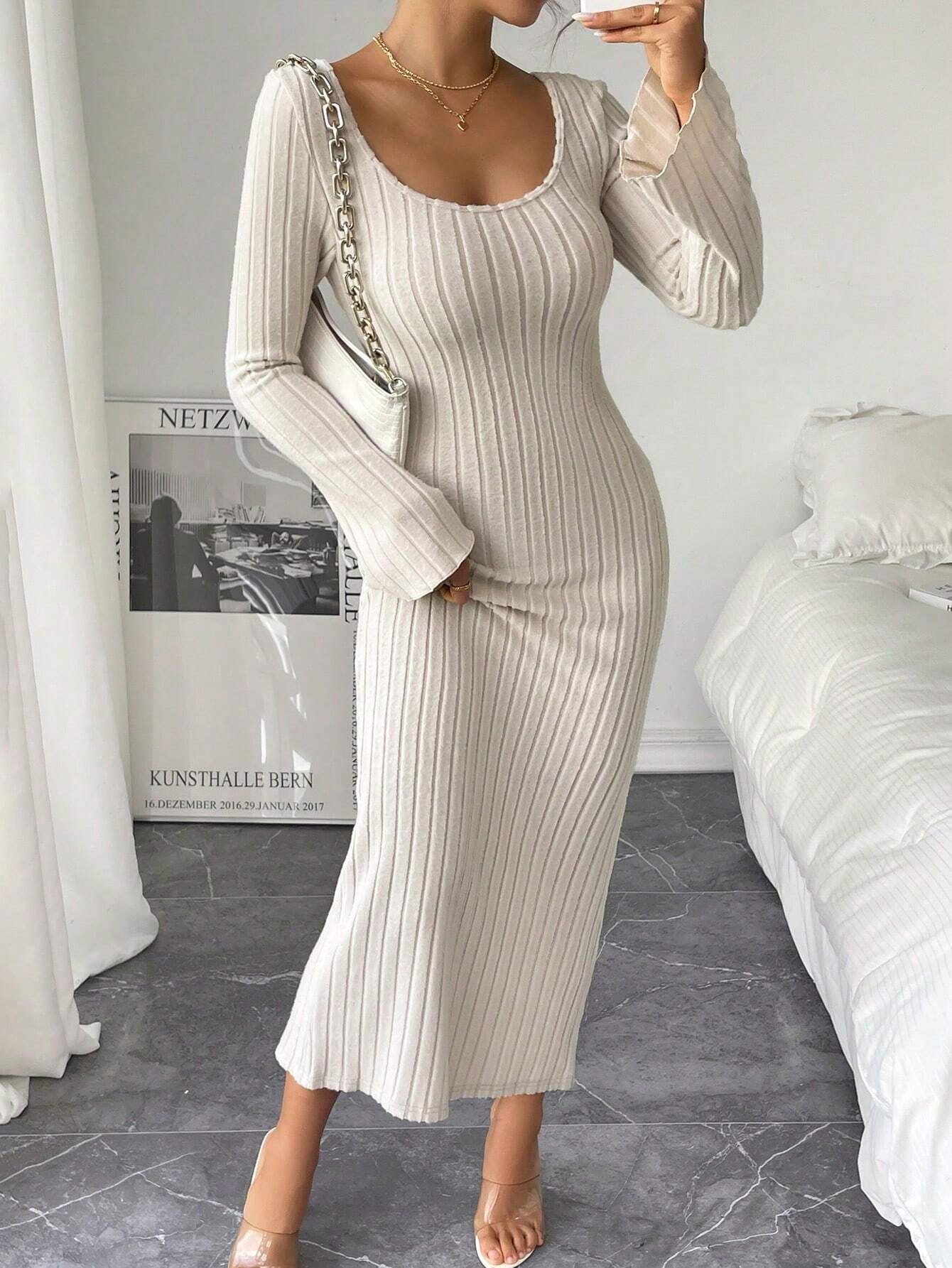 Damen Langarm Strickkleid Rundhalsausschnitt Figurbetonter Schnitt