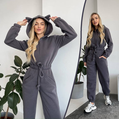 Damen Jumpsuit Kuschelig Känguru-Taschen Tierohren Norvielle
