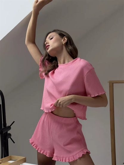 Damen Freizeit-Oberteil-Shorts-Set Rippstruktur Volant Rosa