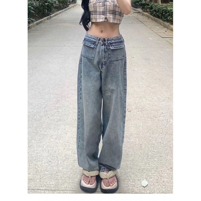 Damen Weite Denim-Hose Hochtaschen Vintage-Waschung