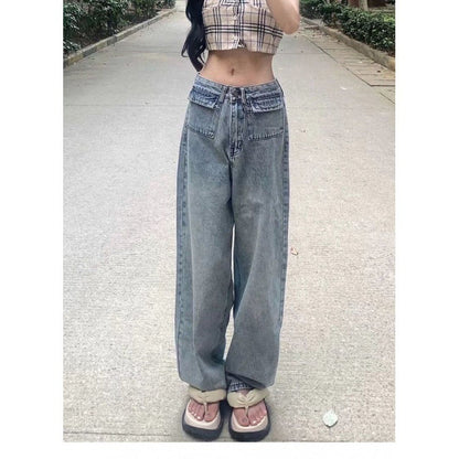 Damen Weite Denim-Hose Hochtaschen Vintage-Waschung