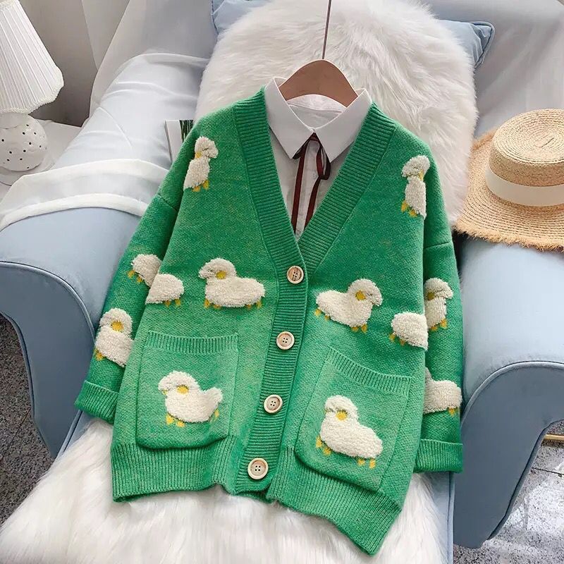 Damen Strickjacke Schafe-Motiv gemustert mit Taschen Norvielle