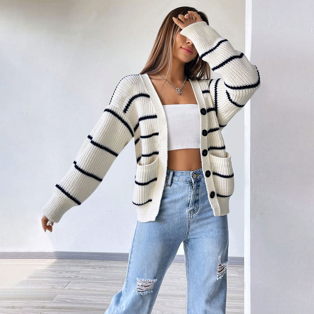 Damen Strickcardigan Kurzarm Gestreift Mit Knöpfen Und Taschen