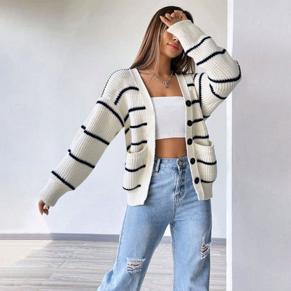 Damen Strickcardigan Kurzarm Gestreift Mit Knöpfen Und Taschen