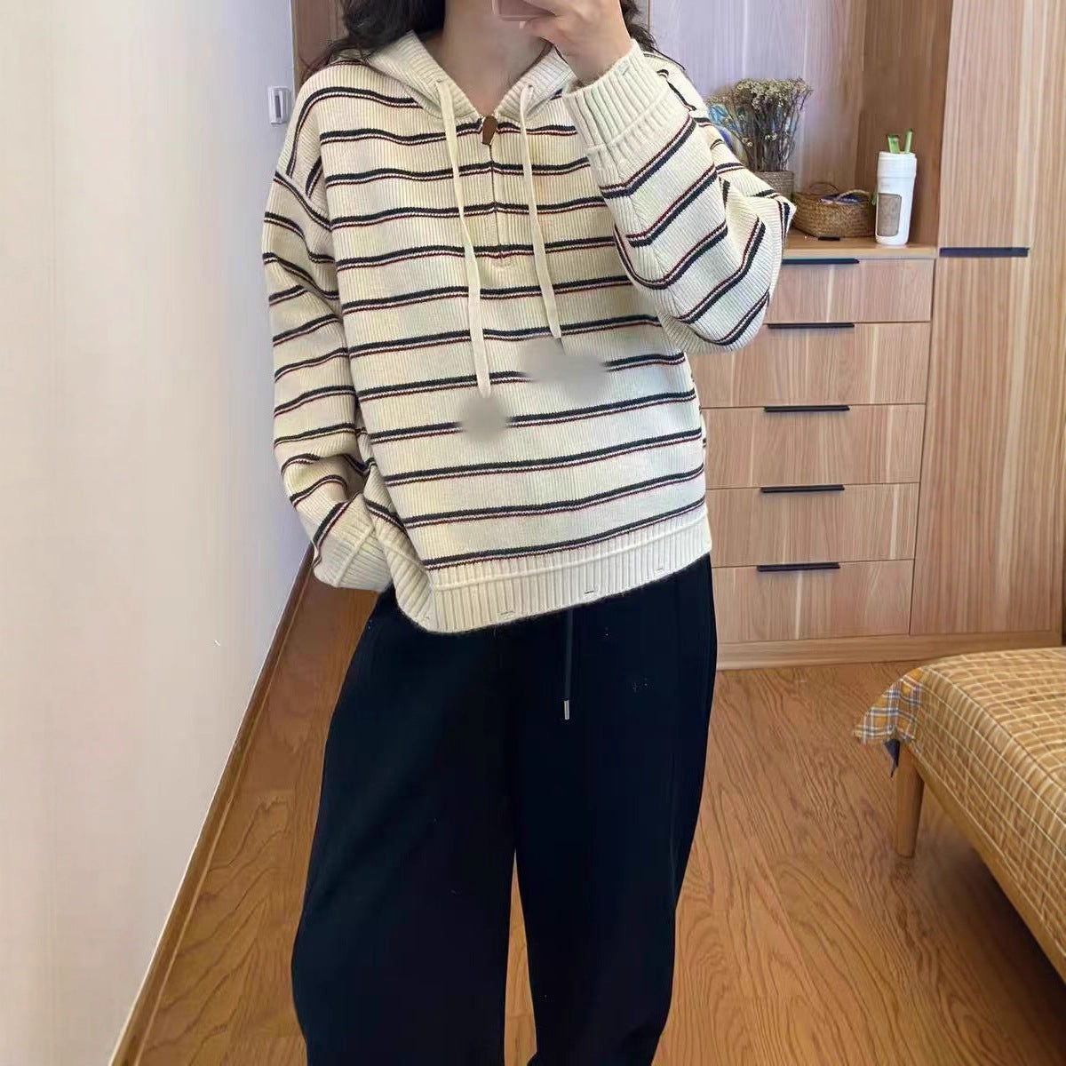 Damen Hoodie Pullover Strukturiertes Streifenmuster Norvielle