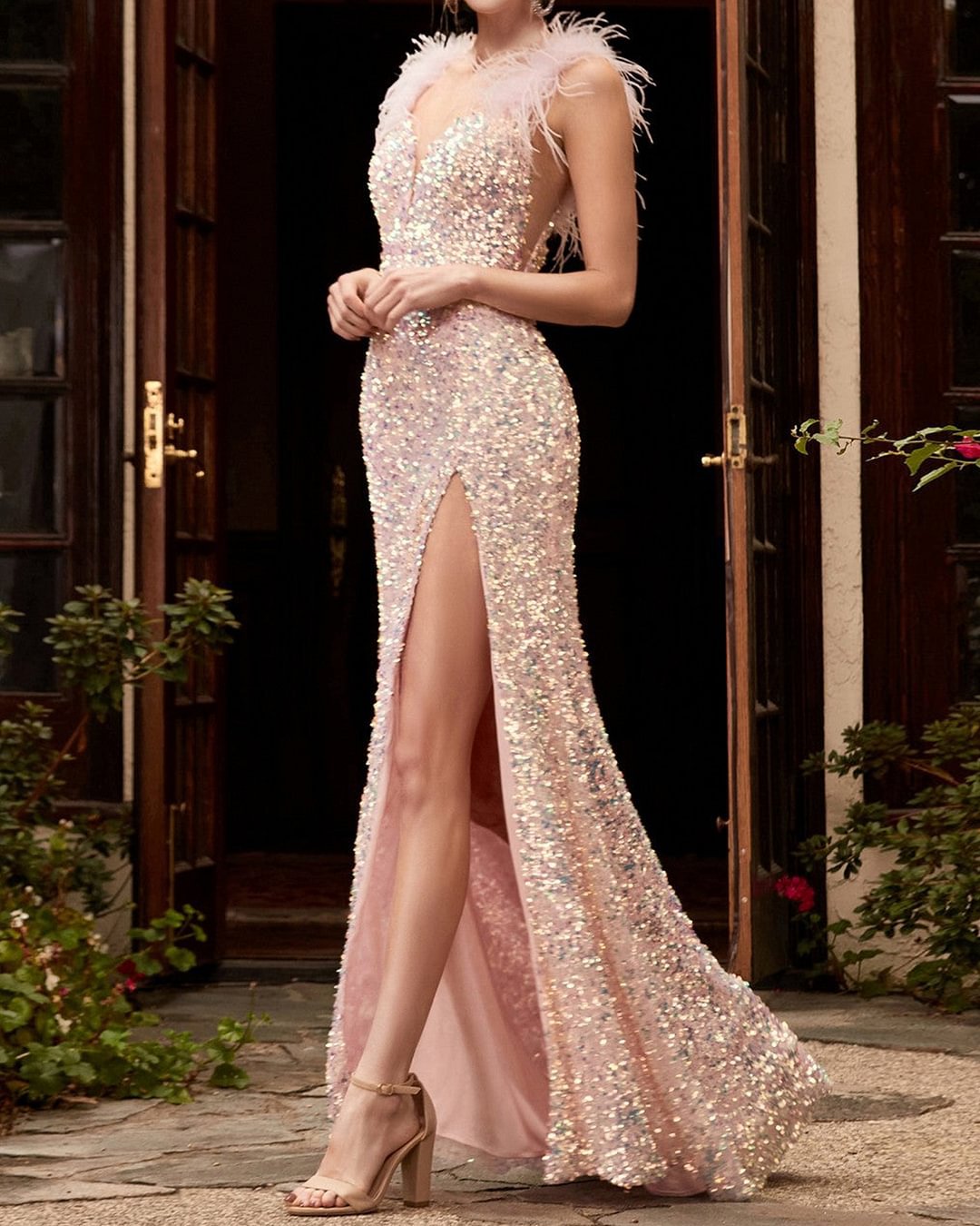 Damen Abendkleid Pailletten Federdetail