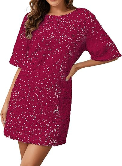 Damen Pailletten-Kleid Lockere Ärmel Rundhalsausschnitt Glitzernd