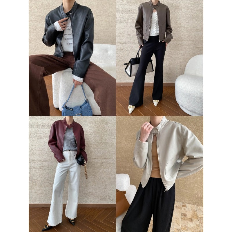 Damen Kunstlederjacke Stehkragen Praktische Taschen
