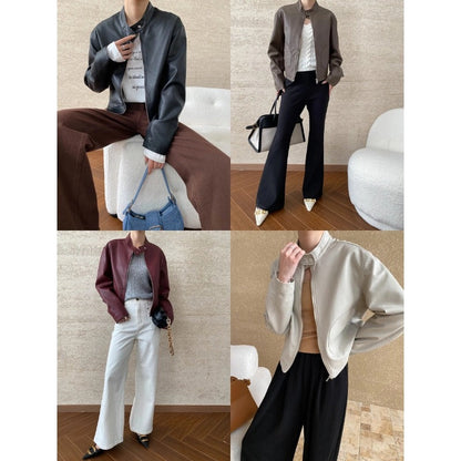 Damen Kunstlederjacke Stehkragen Praktische Taschen