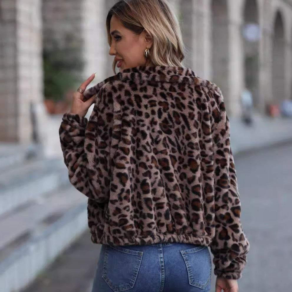 Damen Fleecejacke Leopardenmuster Kuschelig Grün