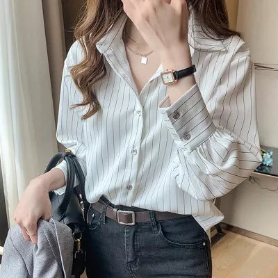 Damen Bluse Streifenmuster Modern Knöpfe Norvielle