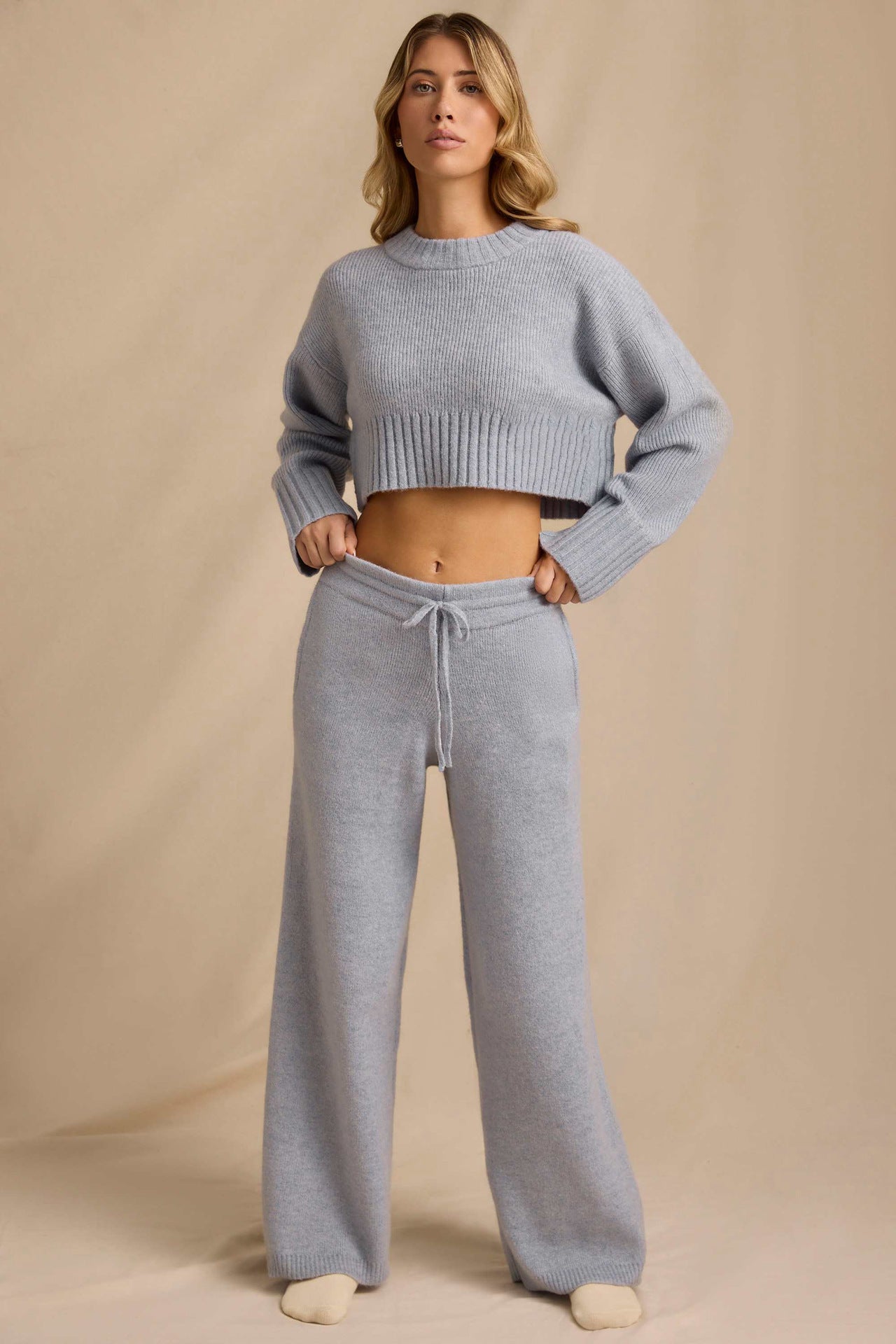 Damen Strick-Set Cropped Pullover Weite Hose Norvielle
