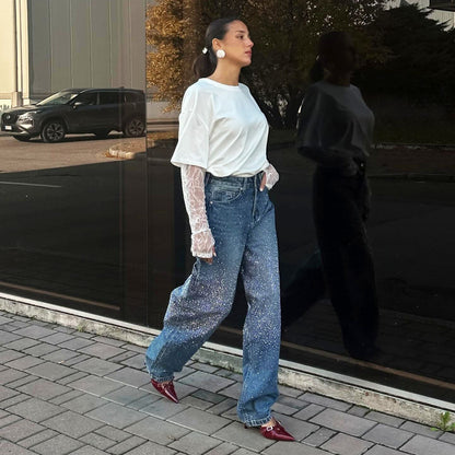 Damen Oversized T-Shirt Spitzenärmel Weiß
