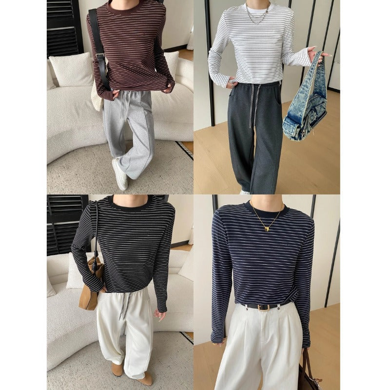 Damen Langarmshirt Klassisches Streifenmuster Rundhals Weiß