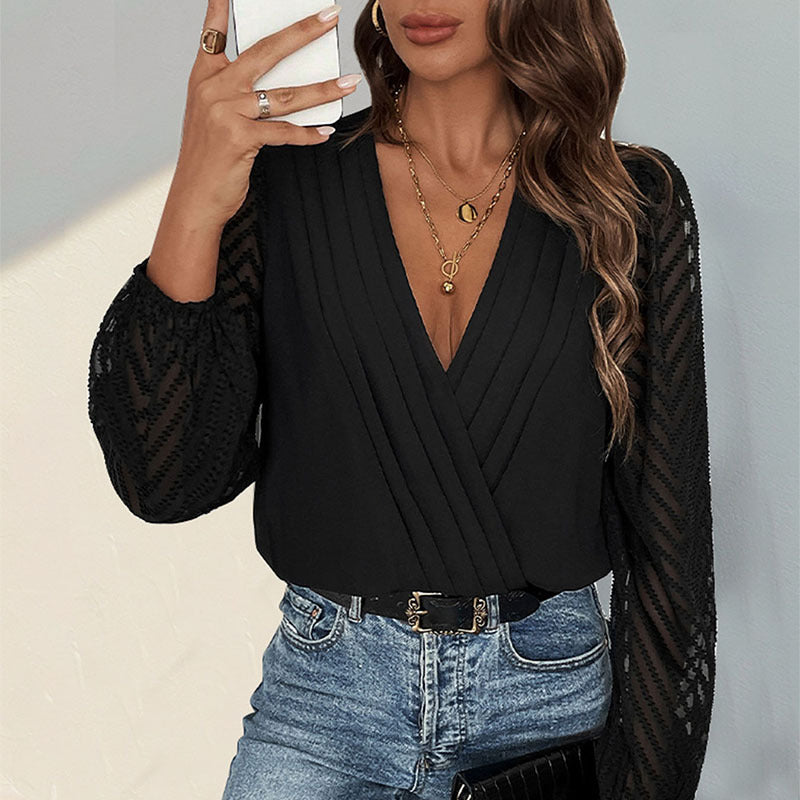 Damen Bodysuit Rüsche Transparent Ärmel Norvielle