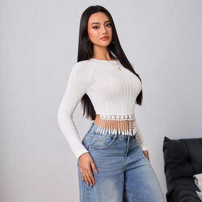 Damen Langarmshirt Cropped mit Fransen-Details Norvielle