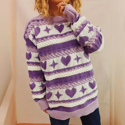 Damen Pullover Grobgestrickt Herzförmiges Muster Breite Streifen