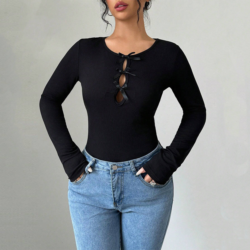 Damen Bodysuit Langarm Dekorative Schleifen Norvielle
