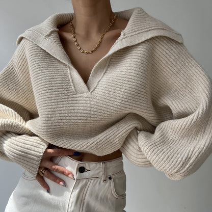 Damen Pullover Strukturiert Übergroßer Kragen Beige