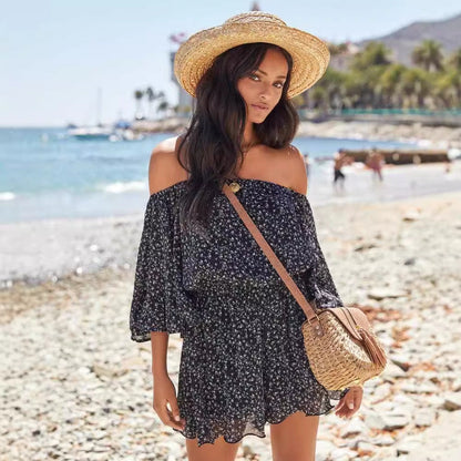 Damen Sommerkleid Off-Shoulder Rüschenärmel Elastisch Norvielle
